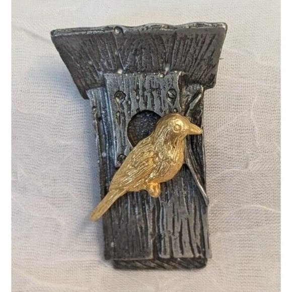 M. Bastin Birdhouse Signed Brooch Pinback Pewter Vtg 1999 Gold Tone Lapel Nature - Picture 12 of 12